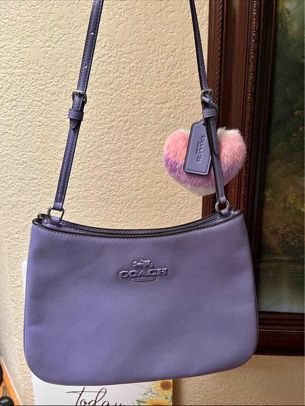 Coach Lavender Leather Crossbody with Heart Pom Charm